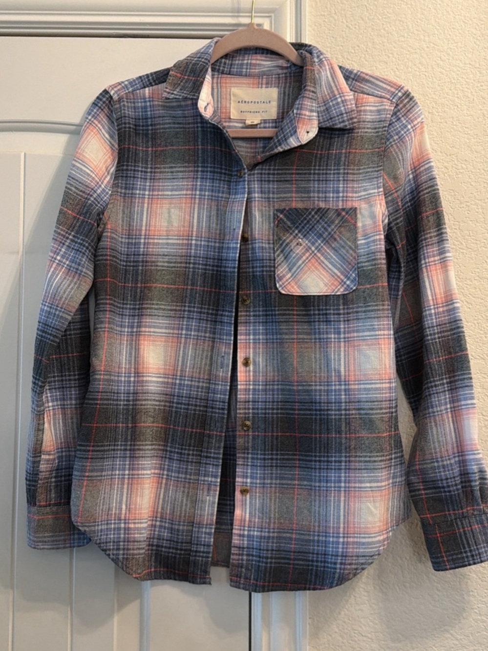 Aeropostale Blue and Pink Plaid Button-Down Shirt, XS NWT